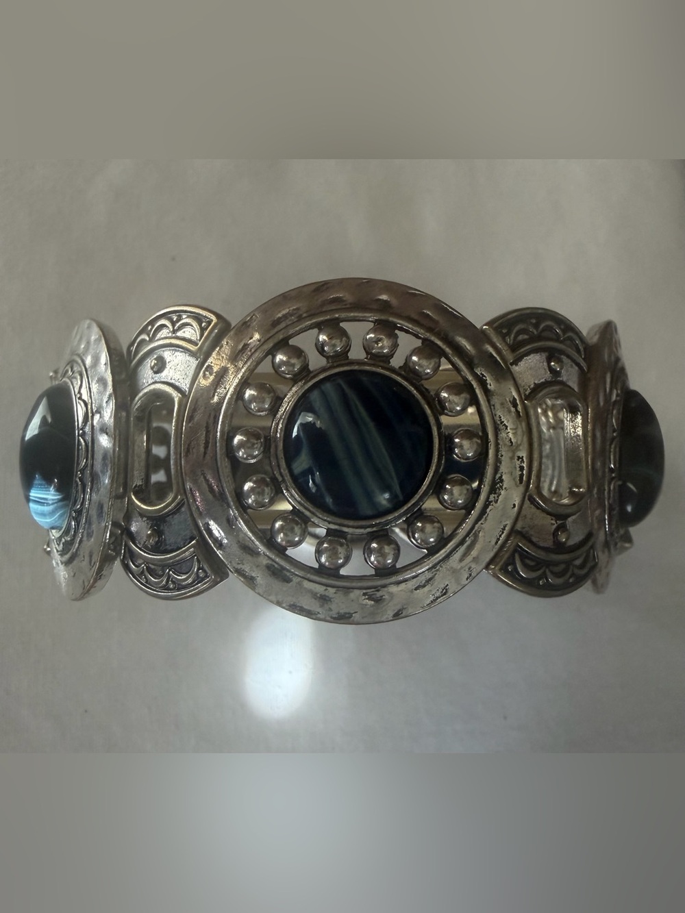 Silver Tone Blue Cabochon Stretch Bracelet Boho Southwest Statement